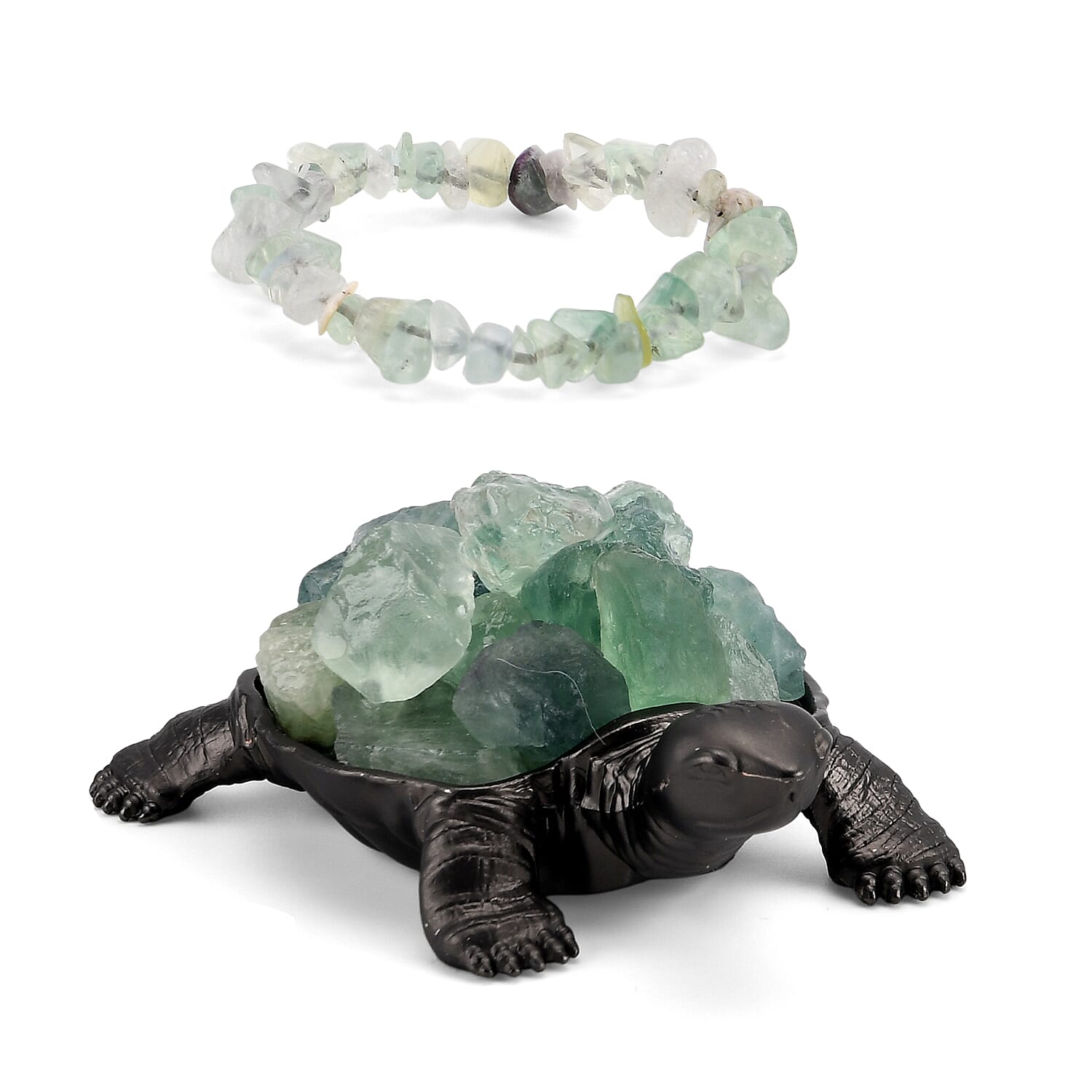 2-Piece Fluorite Crystal Turtle with Matching Bracelet - Green V32352526 0