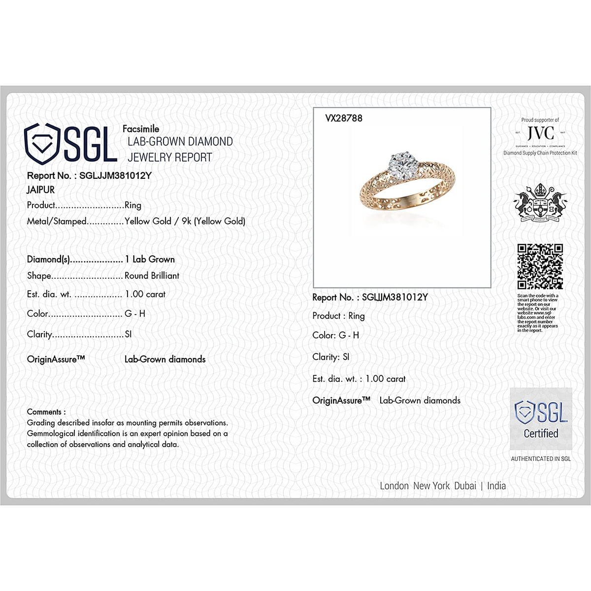 LUXURIANT 1 Ct. Lab Grown Diamond Solitaire Ring in 9K Yellow Gold SGL Certified (SI-GH) 8250726 7