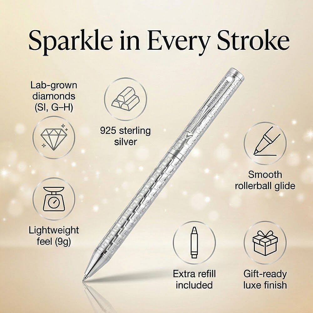 Luxuriant Lab Grown (SI G-H) Diamond Pen, 925 Silver,  9g, Roller Ballpoint Pen with 1 Extra Refill. 8258222 2