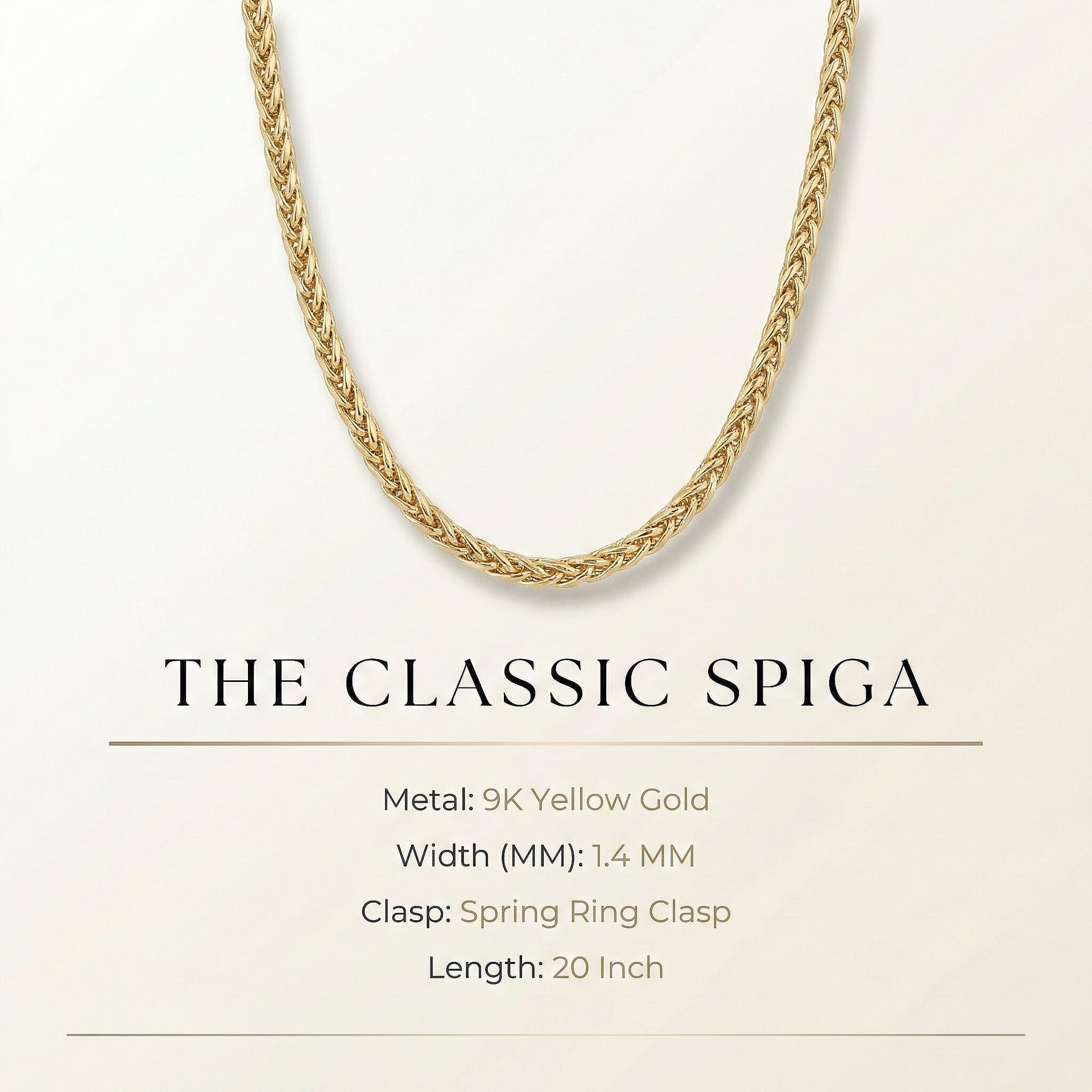9K Yellow Gold 1.4MM Spiga Necklace with Spring Ring Clasp 20 Inch 8265564 6