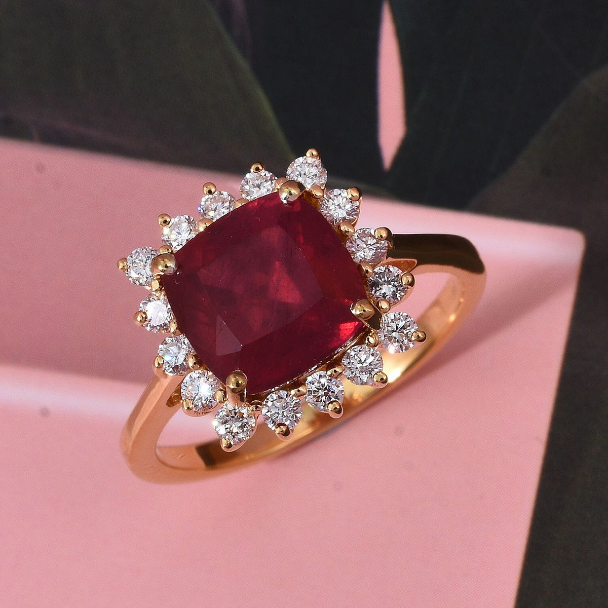 LUXURIANT 5.40 Ct. Natural African Ruby, Lab Grown Diamond Halo Ring in 18K Vermeil Yellow Gold Plated Sterling Silver V32525805 2