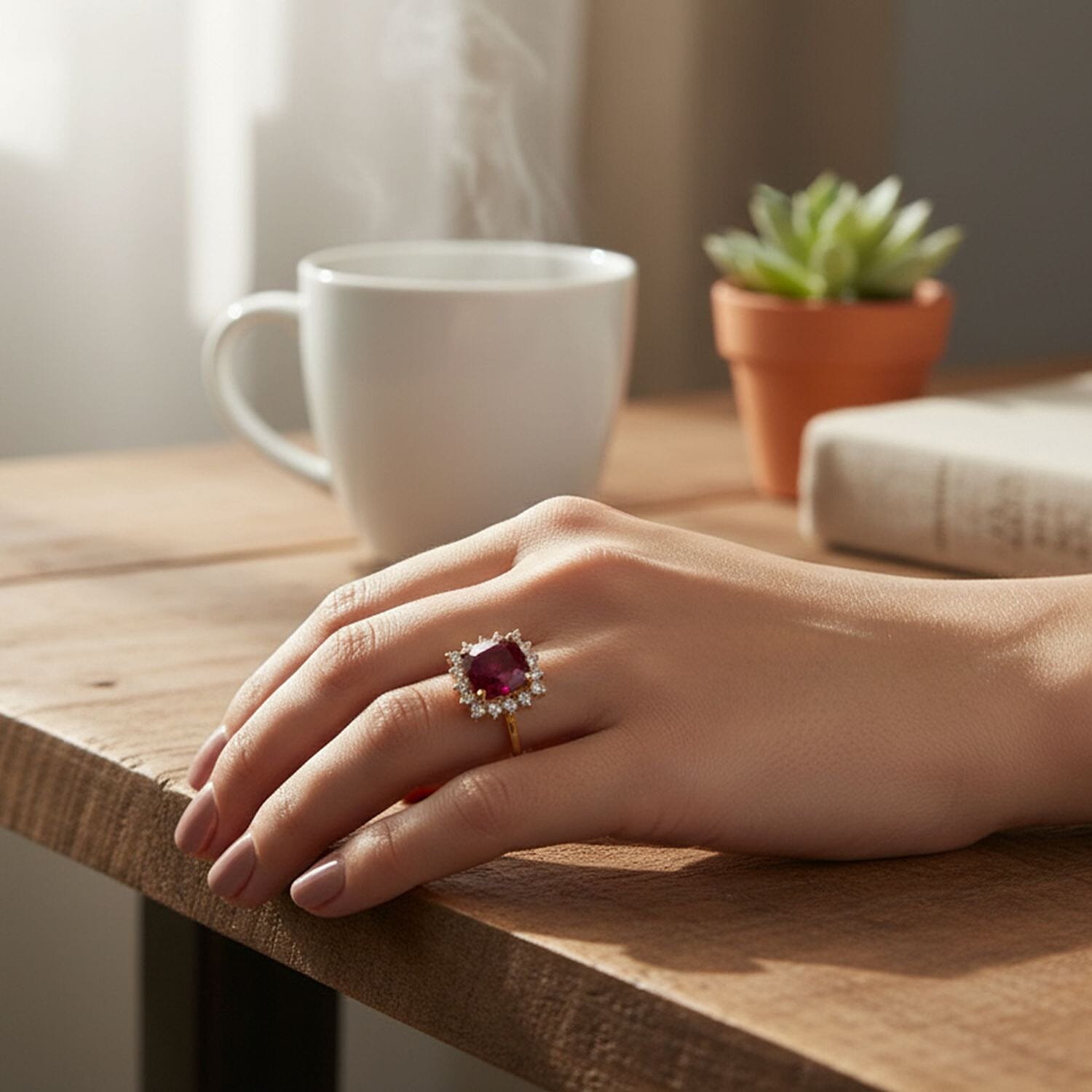 LUXURIANT 5.40 Ct. Natural African Ruby, Lab Grown Diamond Halo Ring in 18K Vermeil Yellow Gold Plated Sterling Silver V32525805 3