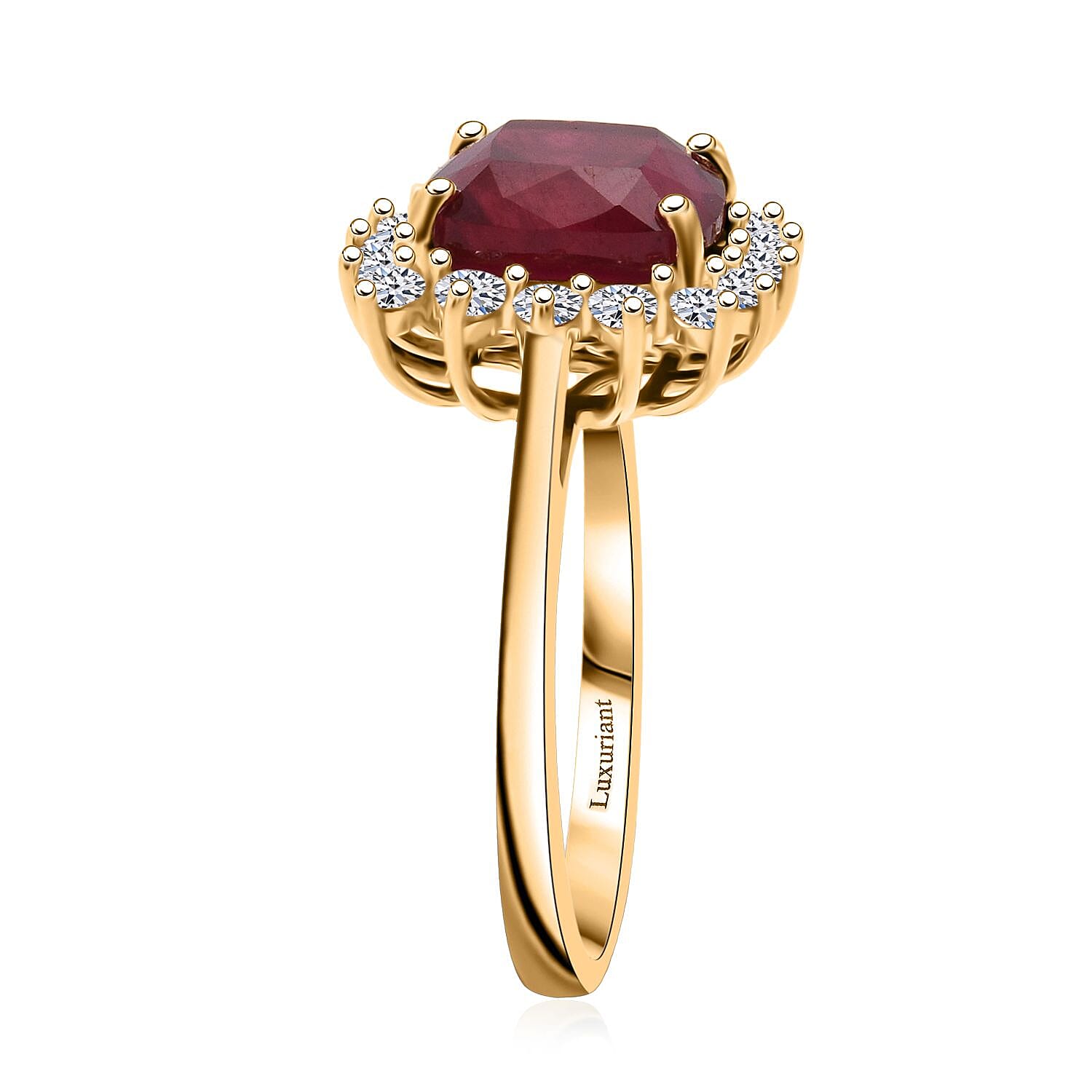 LUXURIANT 5.40 Ct. Natural African Ruby, Lab Grown Diamond Halo Ring in 18K Vermeil Yellow Gold Plated Sterling Silver V32525805 4