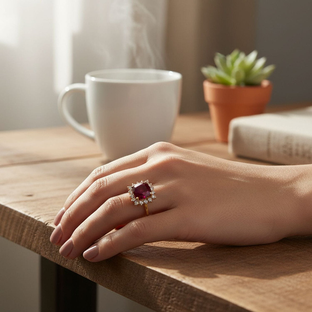 LUXURIANT 5.40 Ct. Natural African Ruby, Lab Grown Diamond Halo Ring in 18K Vermeil Yellow Gold Plated Sterling Silver V32540216 3