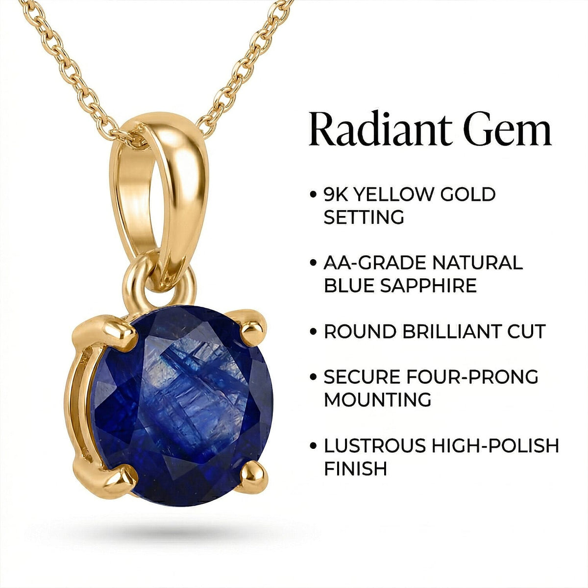 9K Yellow Gold Blue Sapphire Solitaire Pendant 1.20 Ct. V32619217 6