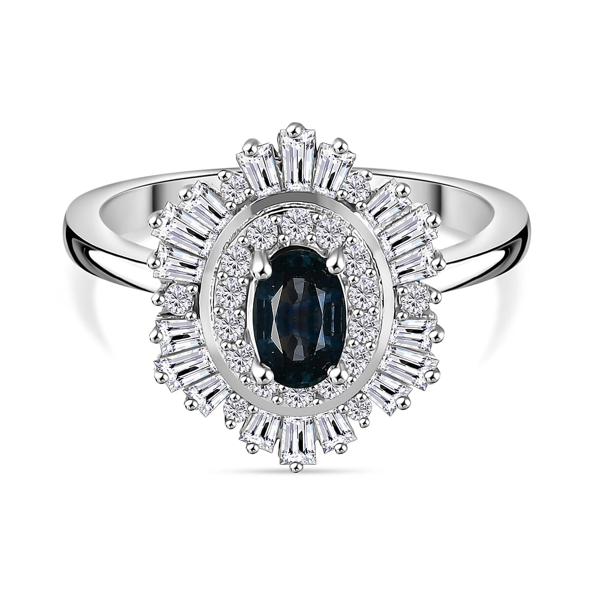 D'Joy Australian Sapphire &amp; Moissanite Cluster Ring in Rhodium Overlay Sterling Silver 1.32 Ct. 8278770 0