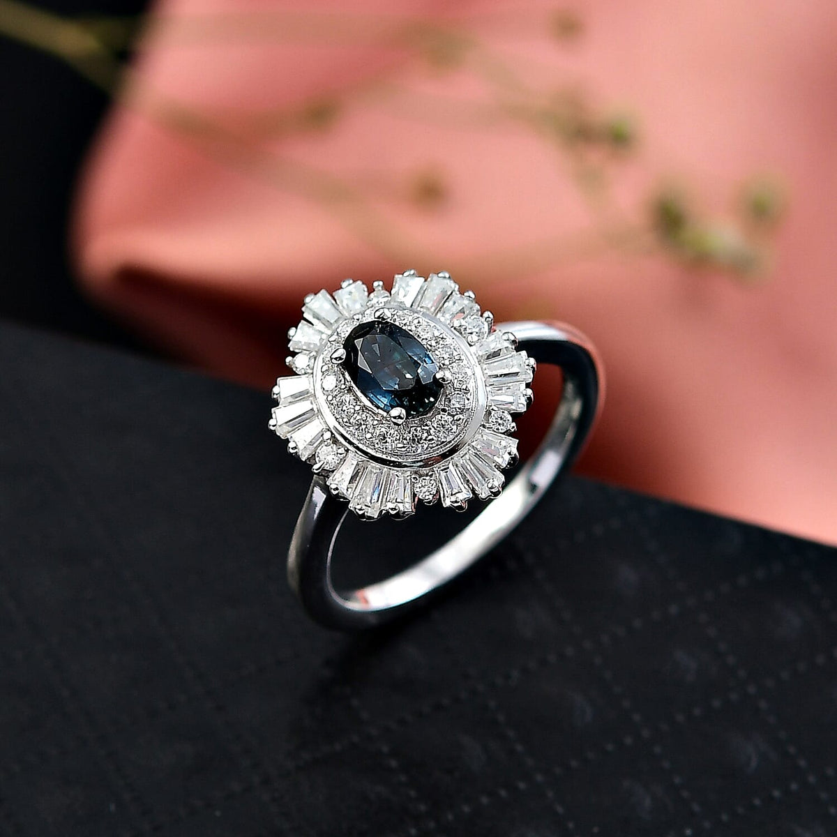 D'Joy Australian Sapphire &amp; Moissanite Cluster Ring in Rhodium Overlay Sterling Silver 1.32 Ct. V32577013 2