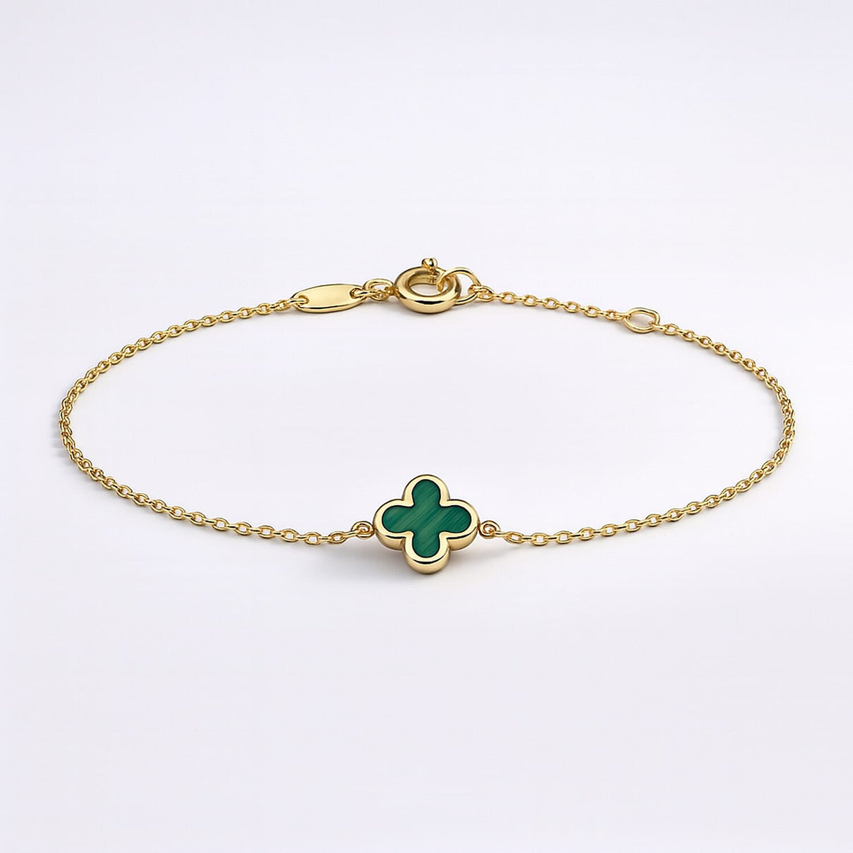 Designer Inspired Close Out - 9K Yellow Gold Malachite Clover Bracelet with Spring Ring Clasp  (7-7.5-inch) 8280963 0