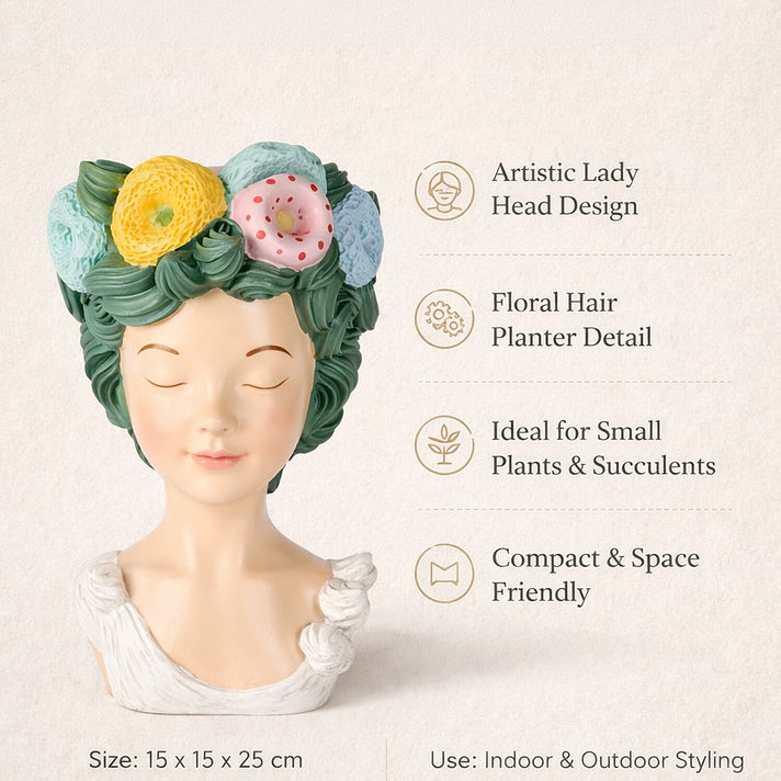 LIVMORE Lady Head Planter with Green Hair (15 x 15 x 25 cm). 8282738 2