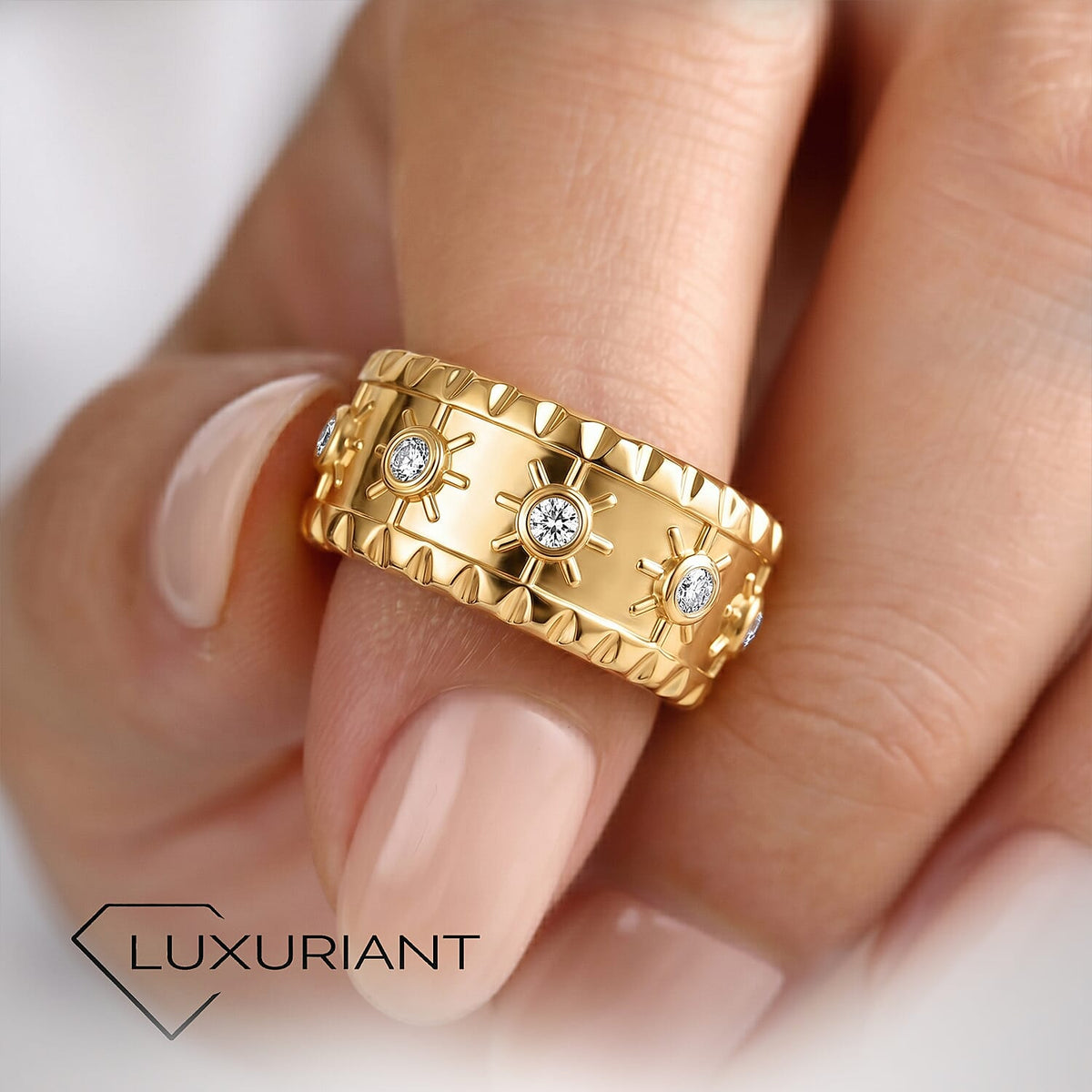 Luxuriant Lab Grown Diamond Starburst Band Ring in 18K Vermeil Yellow Gold Plated Sterling Silver 0.26 Ct, Silver Wt. 5.13 Gms. 8285254 5
