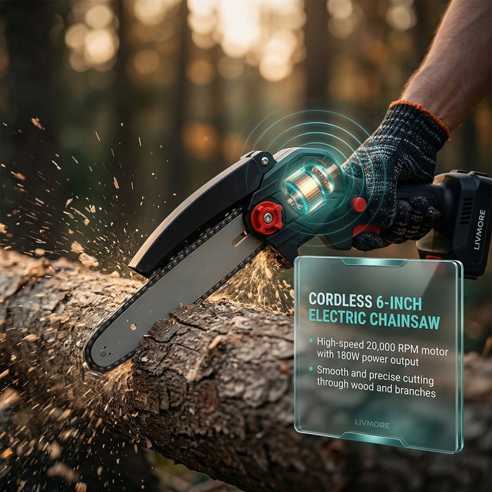 Livmore Handheld Cordless Chainsaw, 2x Batteries, 2x 6-Inch Chains - 20,000 Rpm Motor And 180W Power - Black 8286076 2