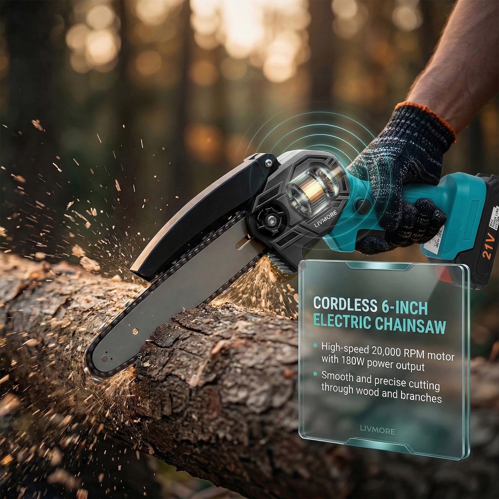 Livmore Handheld Cordless Chainsaw, 2x Batteries, 2x 6-Inch Chains - 20,000 Rpm Motor And 180W Power - Teal 8286077 2