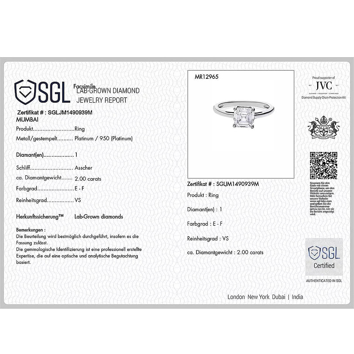 LUXURIANT 1 Ct. Lab Grown Diamond Asscher-Cut Solitaire Ring in 950 Platinum, SGL Certified 8288007 6
