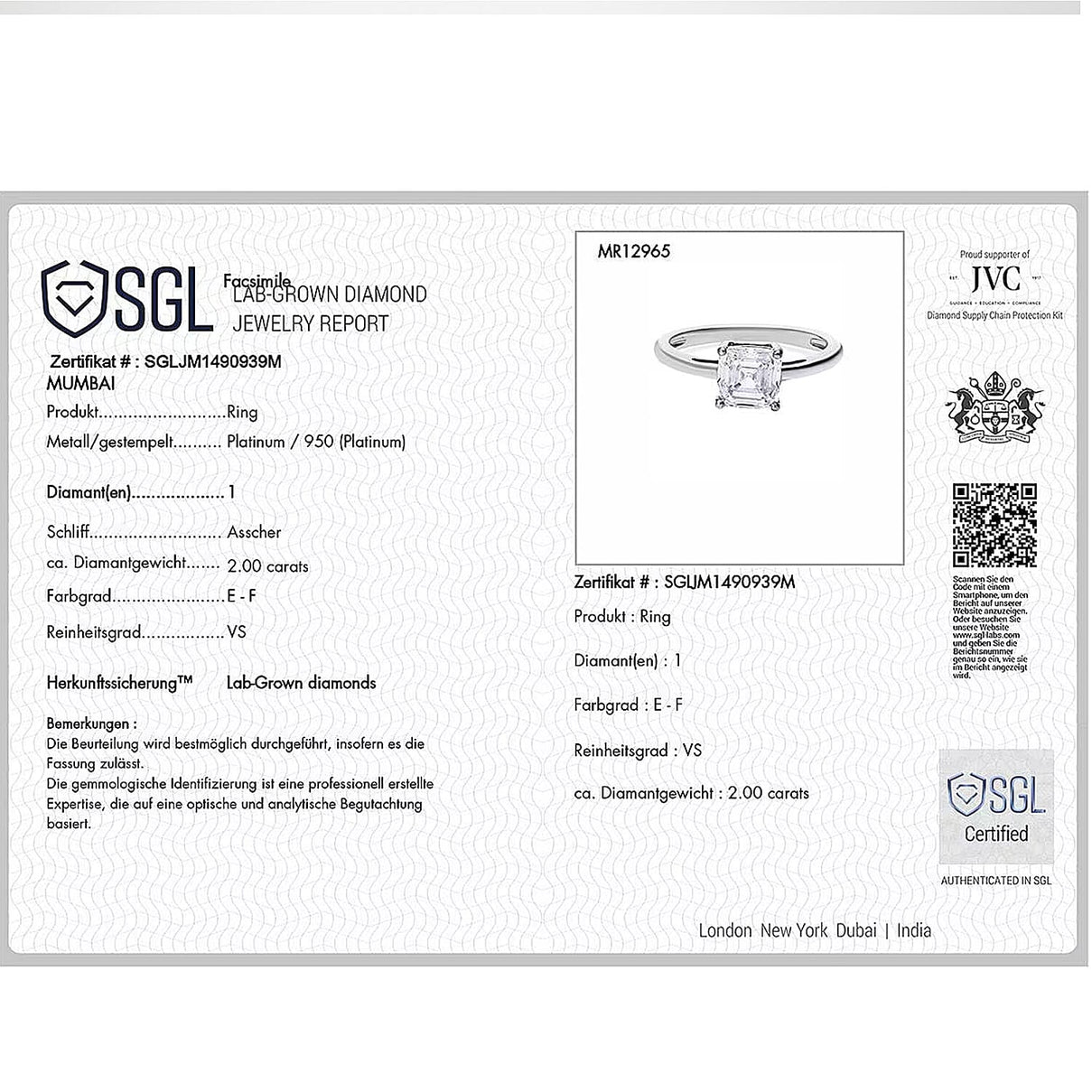 LUXURIANT 3 Ct. Lab Grown Diamond Asscher-Cut Solitaire Ring in 950 Platinum 8288030 8