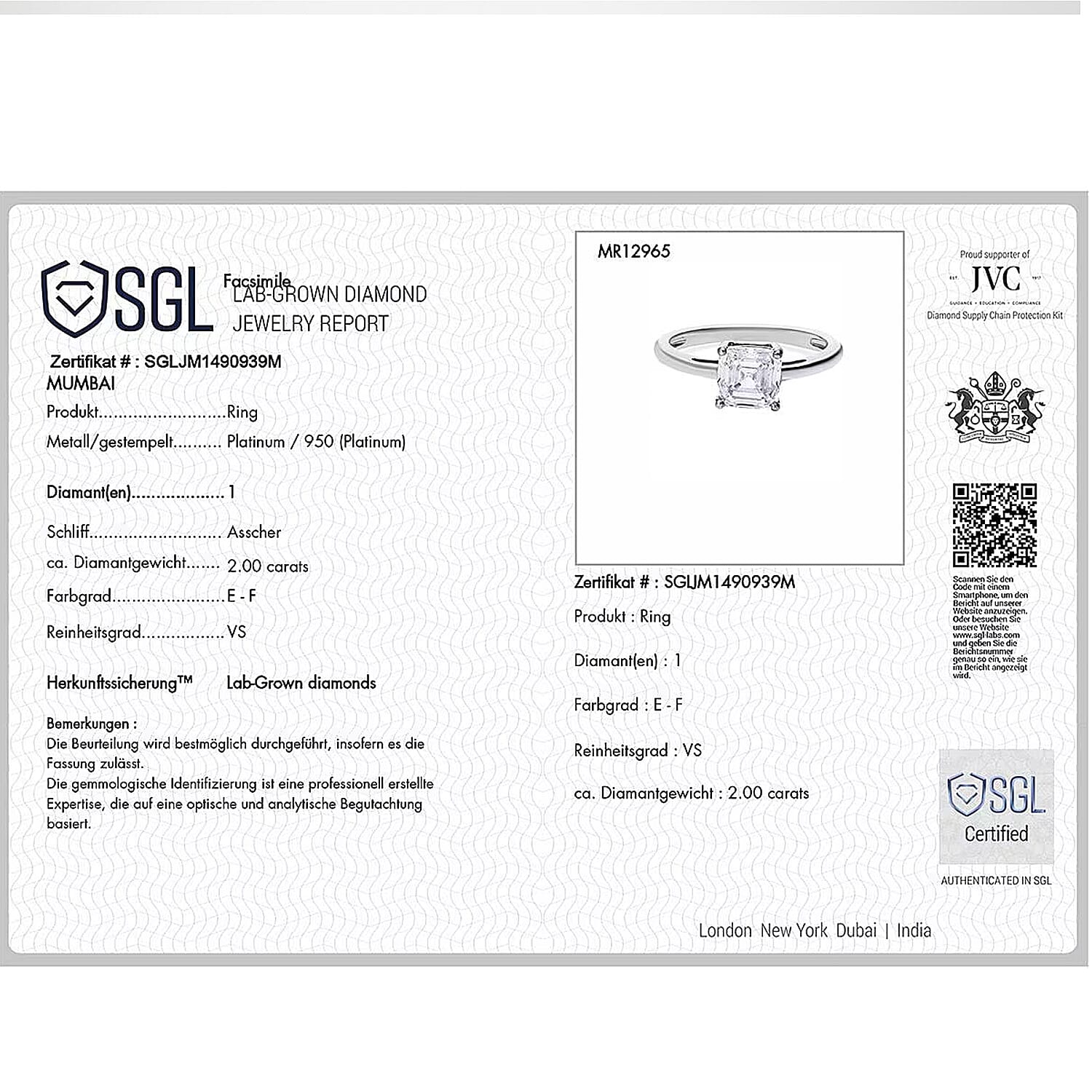 LUXURIANT 3 Ct. Lab Grown Diamond Asscher-Cut Solitaire Ring in 950 Platinum 8288030 8