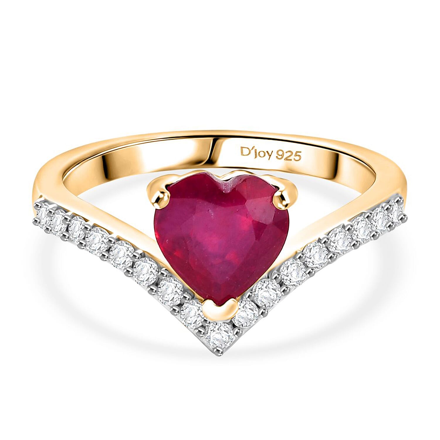 D'Joy Natural African Ruby, White Zircon Wishbone Heart Ring in 18K Vermeil Yellow Gold Plated Sterling Silver 2.25 Ct. 8289934 0
