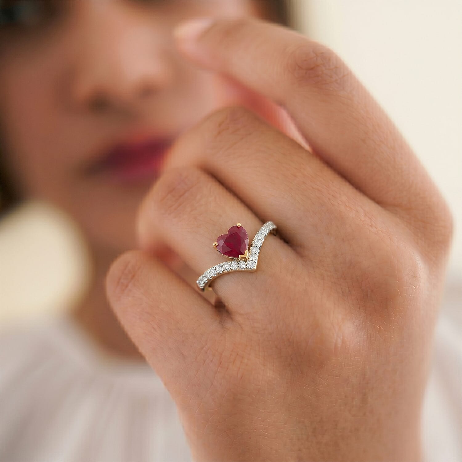 D'Joy Natural African Ruby, White Zircon Wishbone Heart Ring in 18K Vermeil Yellow Gold Plated Sterling Silver 2.25 Ct. 8289934 2