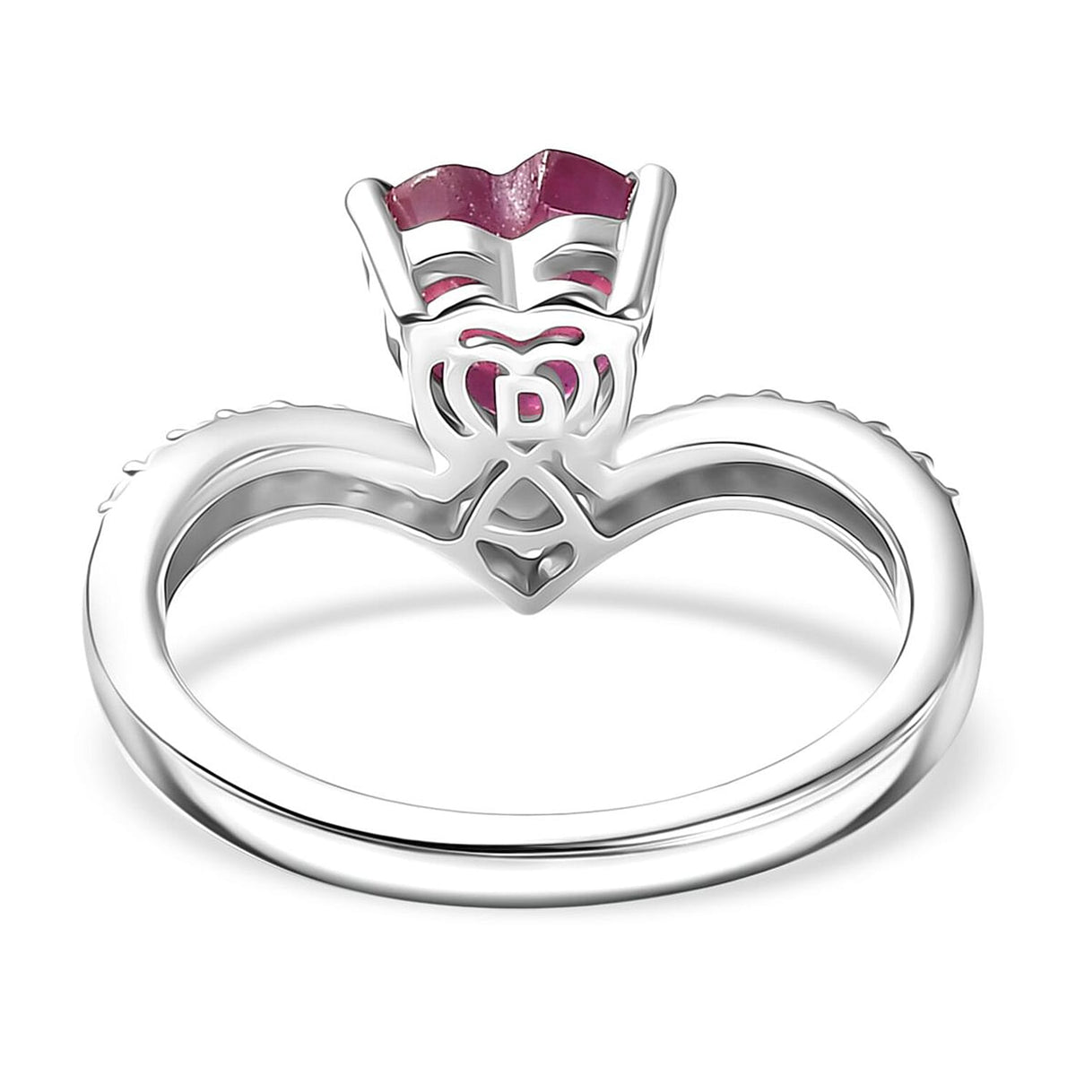 D'Joy Natural African Ruby, White Zircon Wishbone Heart Ring in Rhodium Overlay Sterling Silver 2.25 Ct. V32518802 6