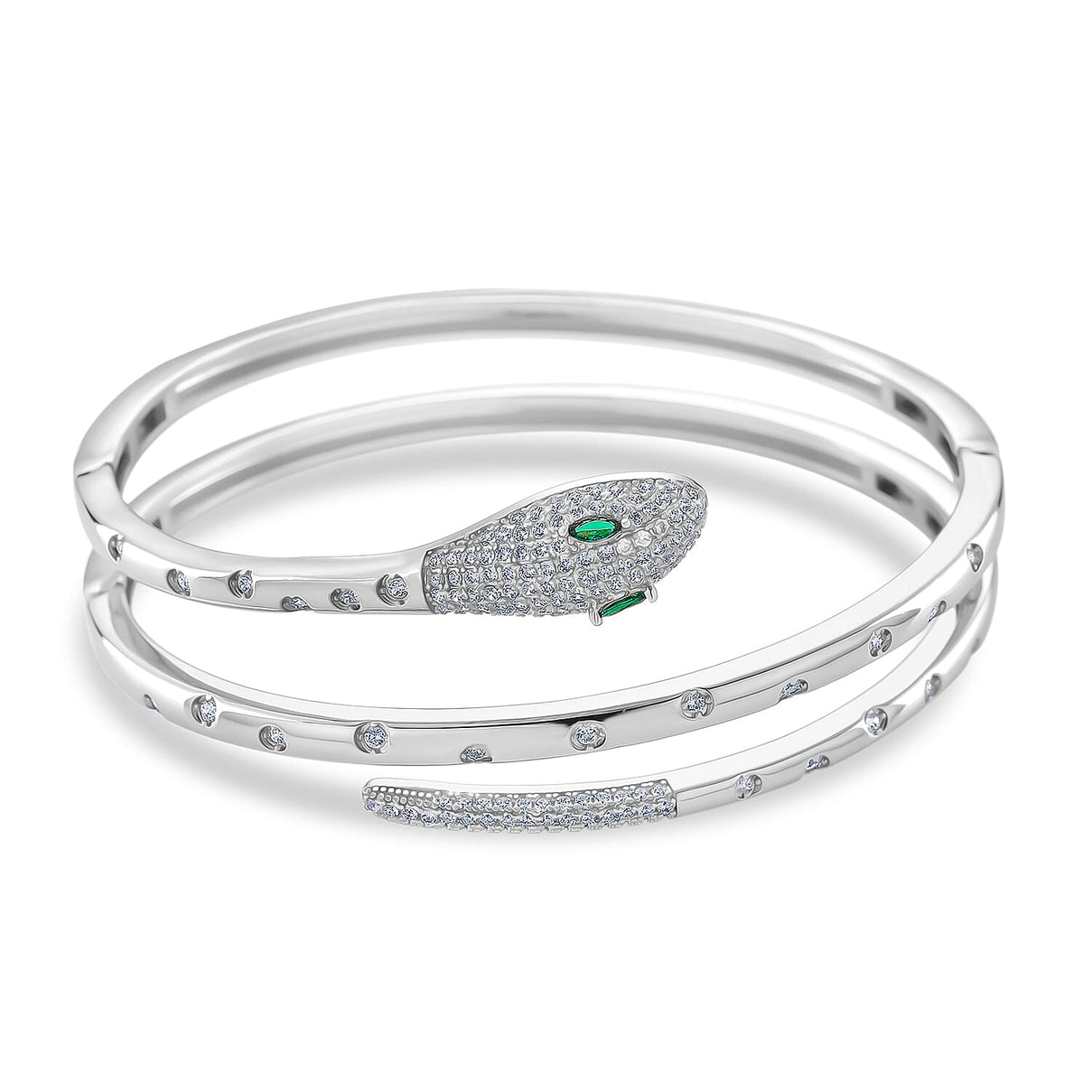 Biacco Collection - Green Cubic Zirconia, White Cubic Zirconia Serpent Bangle in Silver tone 7.5 Inch 8294395 0