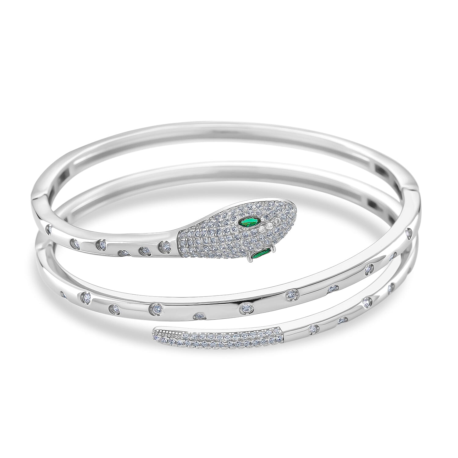 Biacco Collection - Green Cubic Zirconia, White Cubic Zirconia Serpent Bangle in Silver tone 7.5 Inch 8294395 0