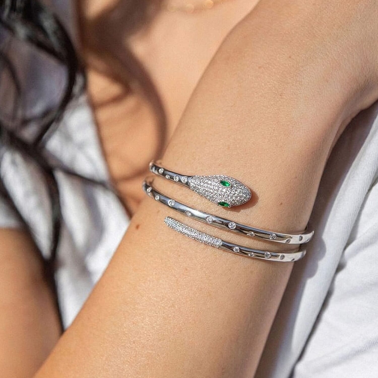 Biacco Collection - Green Cubic Zirconia, White Cubic Zirconia Serpent Bangle in Silver tone 7.5 Inch 8294395 2