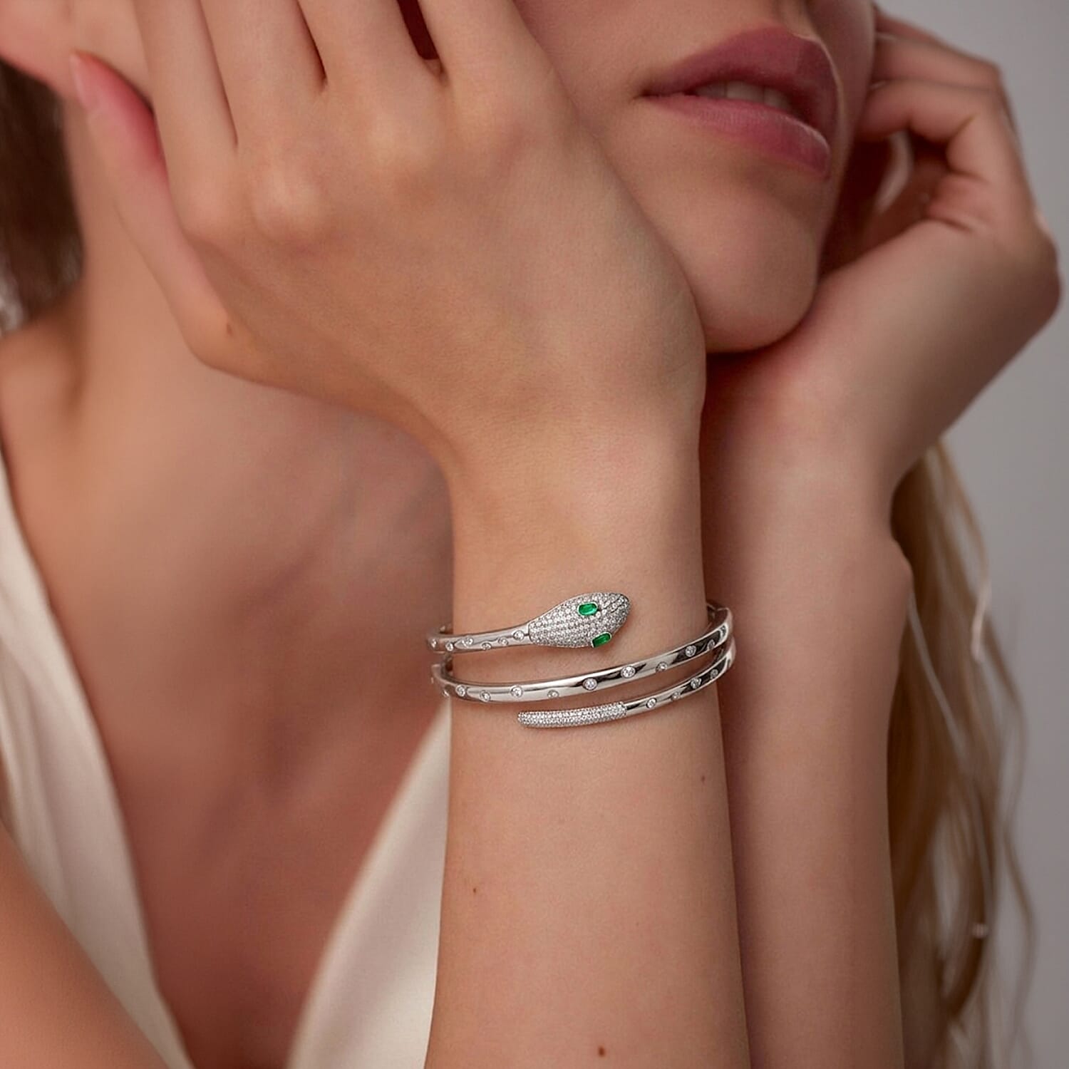 Biacco Collection - Green Cubic Zirconia, White Cubic Zirconia Serpent Bangle in Silver tone 7.5 Inch 8294395 4