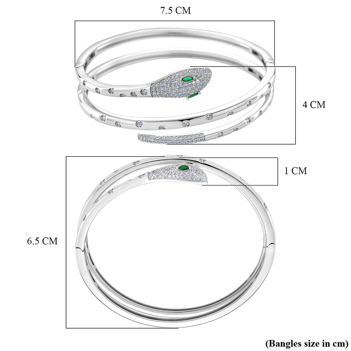 Biacco Collection - Green Cubic Zirconia, White Cubic Zirconia Serpent Bangle in Silver tone 7.5 Inch 8294395 7