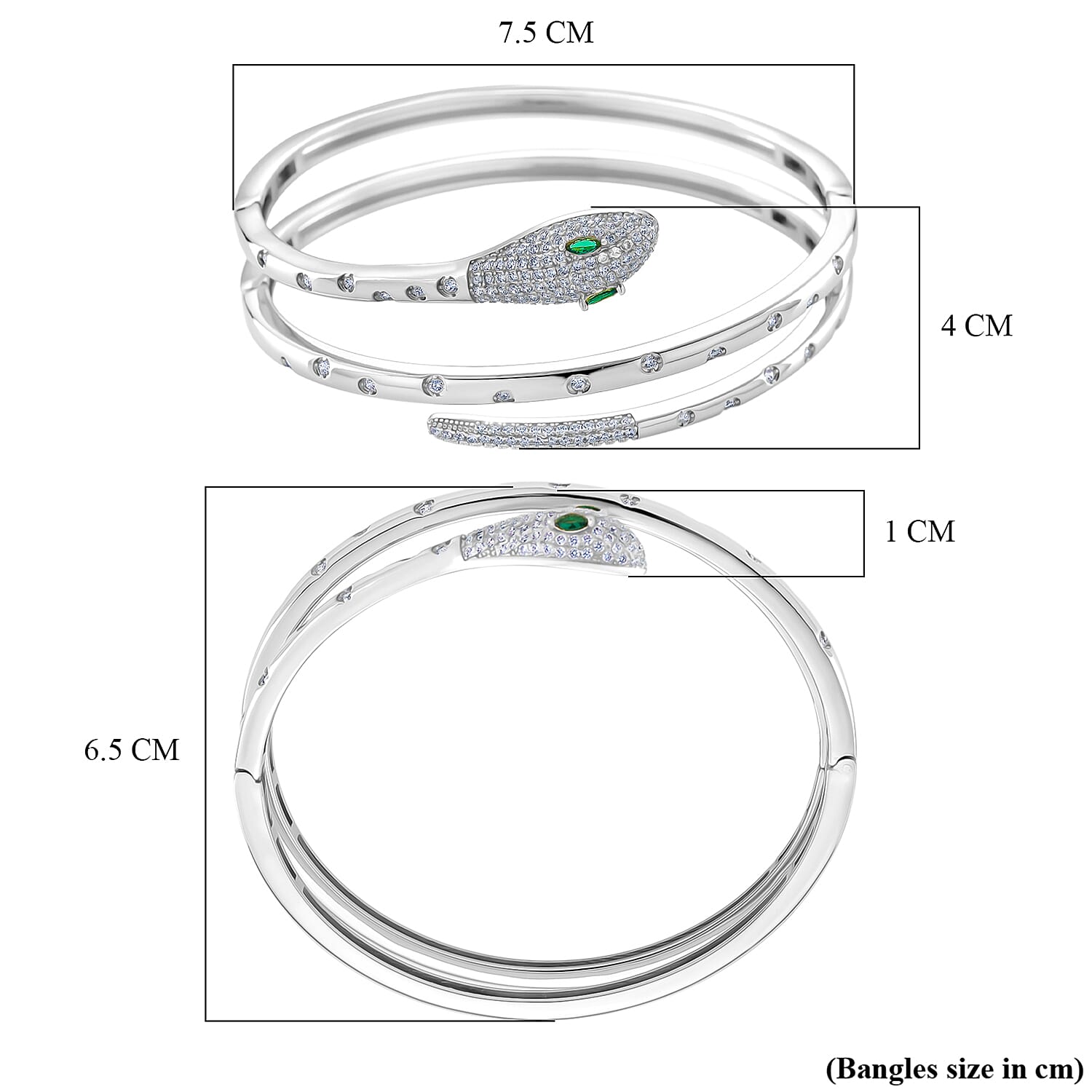 Biacco Collection - Green Cubic Zirconia, White Cubic Zirconia Serpent Bangle in Silver tone 7.5 Inch 8294395 7