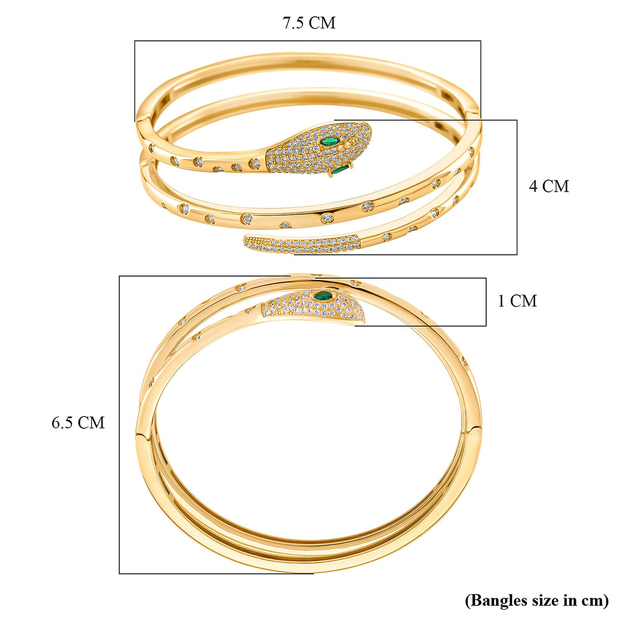 Biacco Collection - Green Cubic Zirconia, White Cubic Zirconia Serpent Bangle in Yellow Tone 7.5 Inch V32512355 7