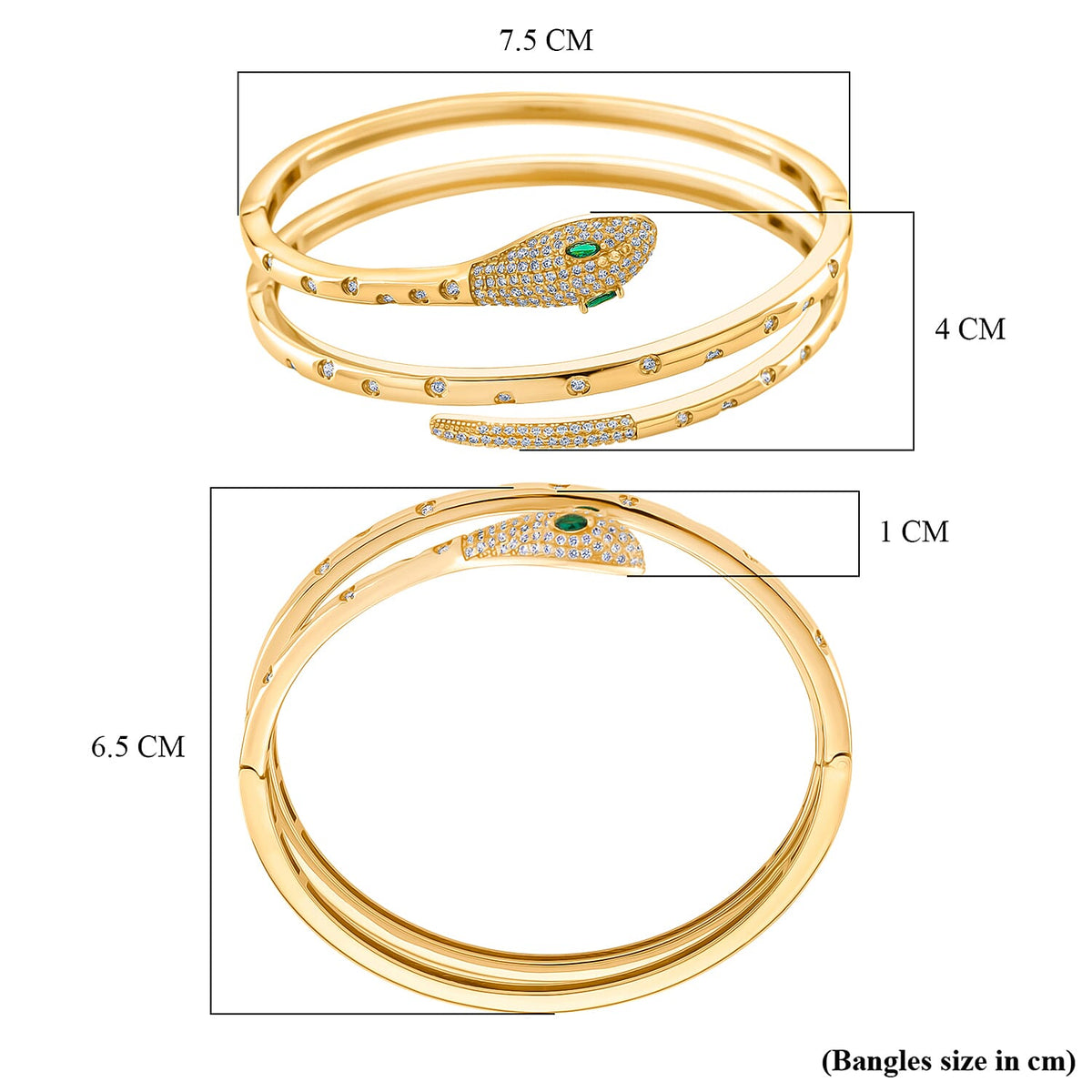 Biacco Collection - Green Cubic Zirconia, White Cubic Zirconia Serpent Bangle in Yellow Tone 7.5 Inch V32512355 7