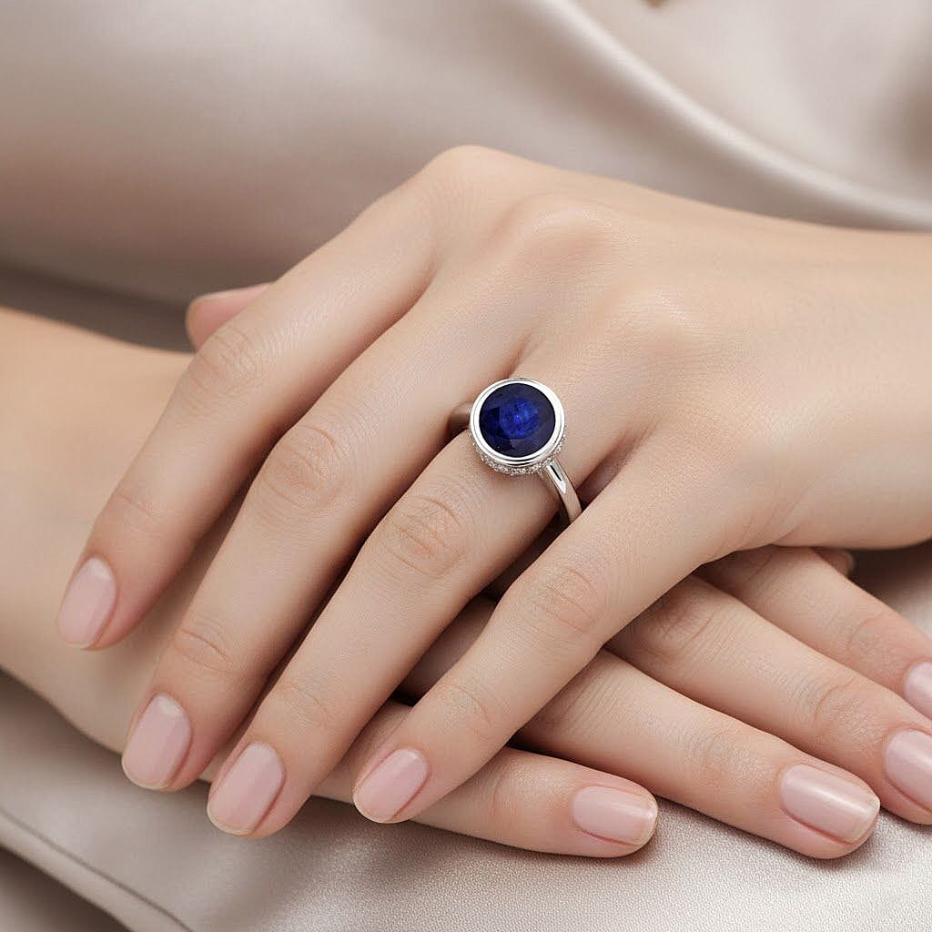 D'Joy Fissure Filled Blue Sapphire &amp; Moissanite Solitaire Ring in Rhodium Overlay Sterling Silver 2.23 Ct. 8294479 2