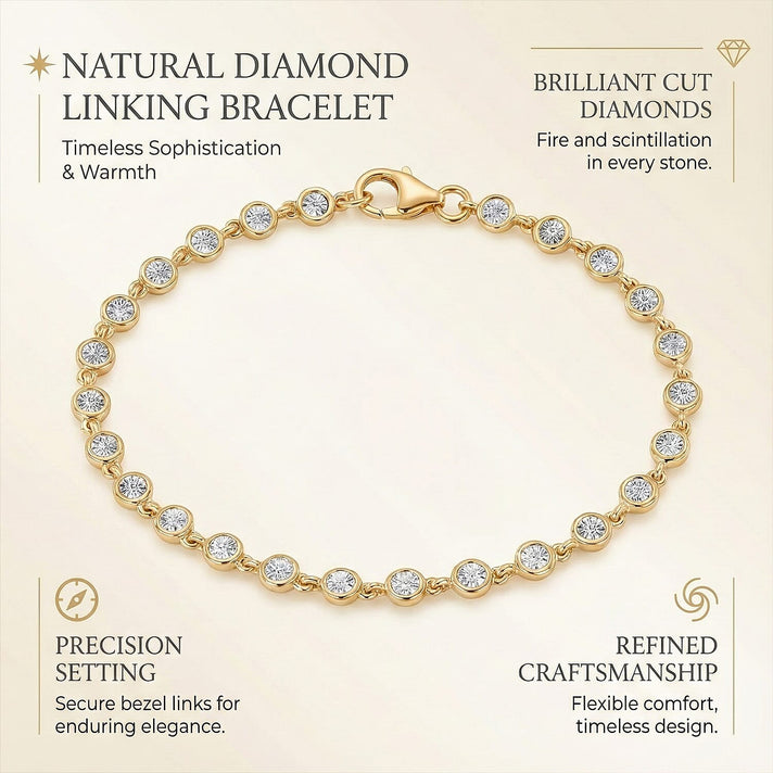D'Joy Natural White Diamond Link Bracelet with Lobster Clasp in Yellow Gold Plated Sterling Silver 7.5 Inch V32620404 2