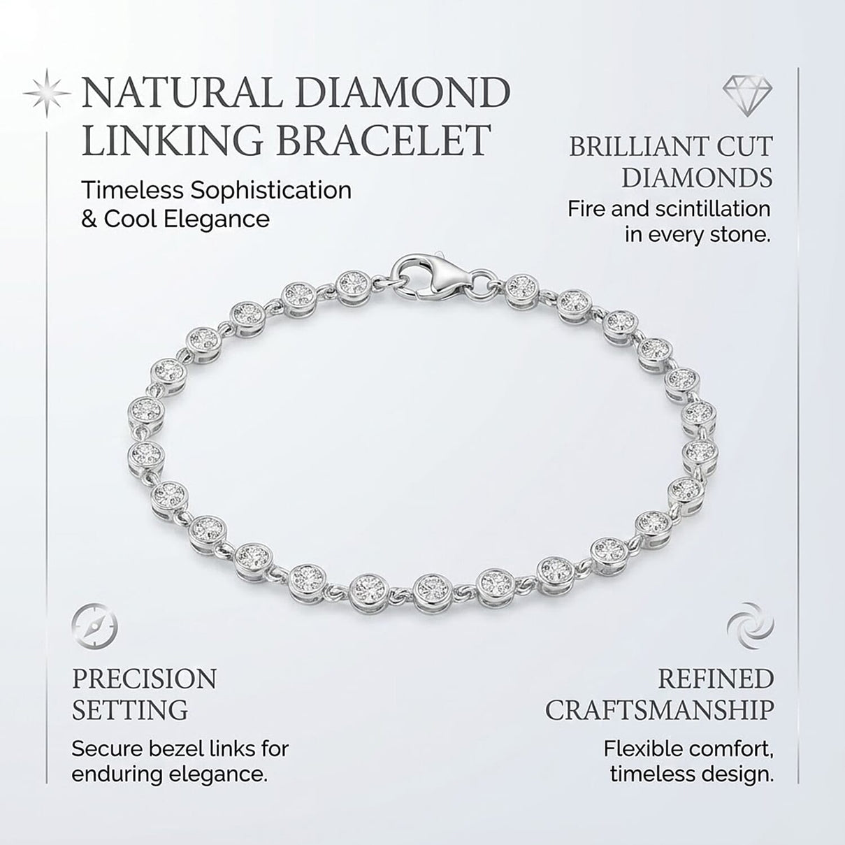 D'Joy Natural White Diamond Link Bracelet with Lobster Clasp in Platinum Over Sterling Silver 7.5 Inch 8296046 2