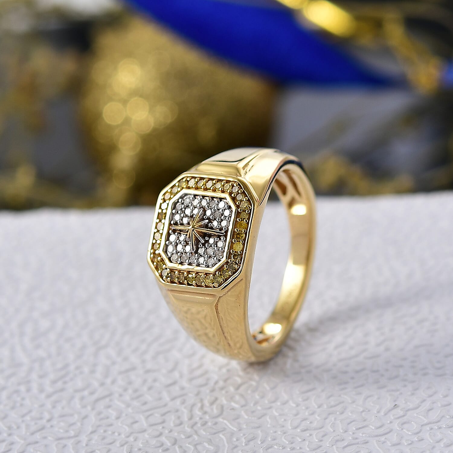D'Joy Natural White Diamond, Yellow Diamond Mens Starburst Ring in 18K Vermeil Yellow Gold Plated Sterling Silver 0.33 Ct. 8298136 2