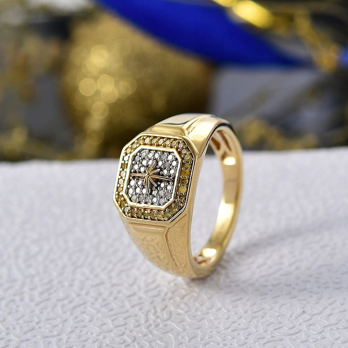 D'Joy Natural White Diamond, Yellow Diamond Mens Starburst Ring in 18K Vermeil Yellow Gold Plated Sterling Silver 0.33 Ct. 8298136 2