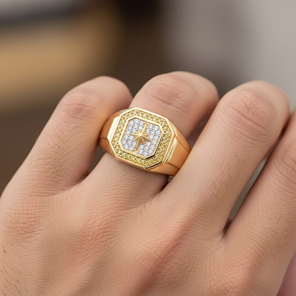 D'Joy Natural White Diamond, Yellow Diamond Mens Starburst Ring in 18K Vermeil Yellow Gold Plated Sterling Silver 0.33 Ct. 8298136 3