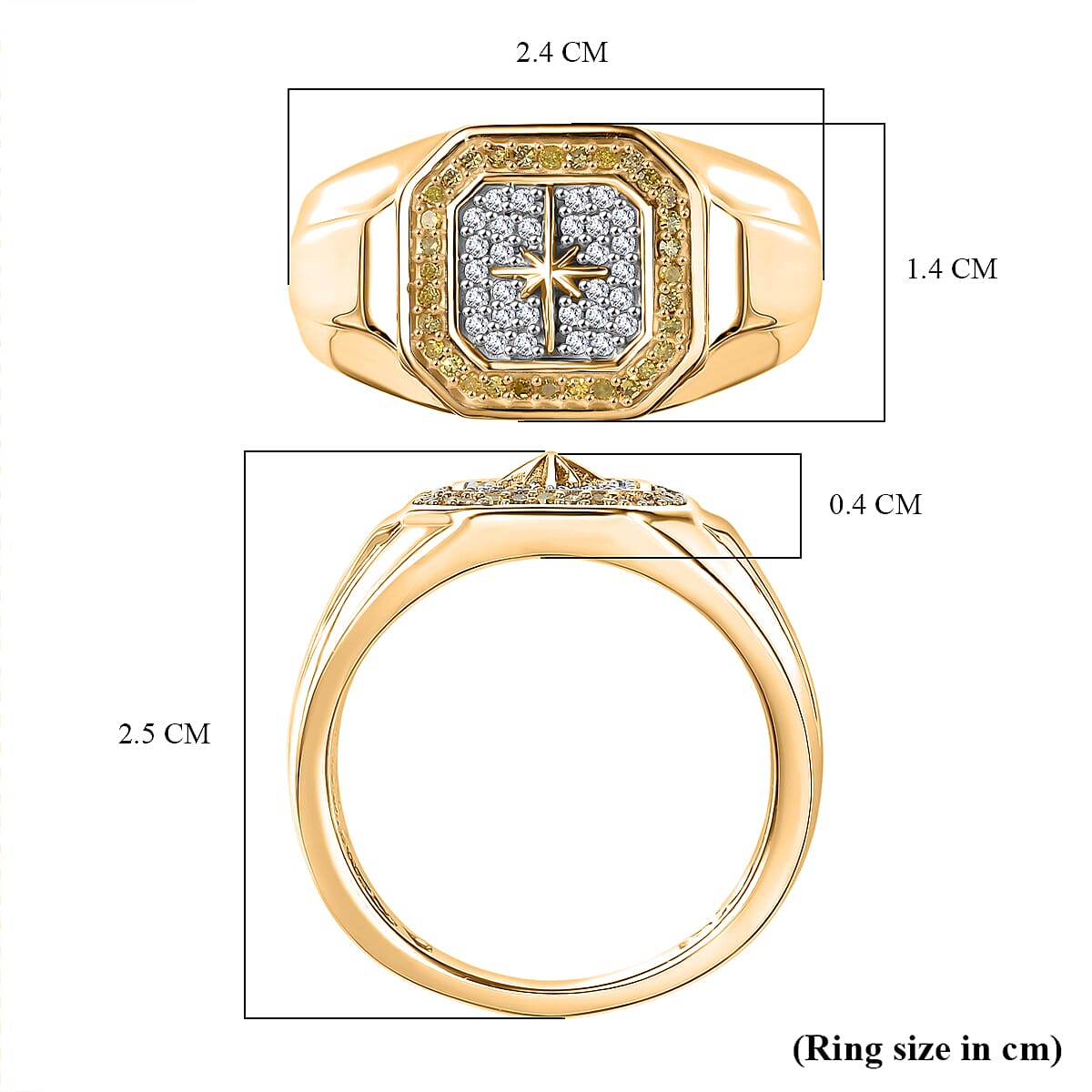 D'Joy Natural White Diamond, Yellow Diamond Mens Starburst Ring in 18K Vermeil Yellow Gold Plated Sterling Silver 0.33 Ct. 8298136 6