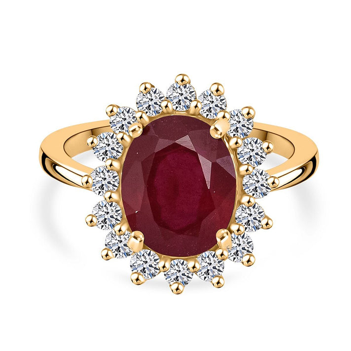 LUXURIANT 4.9 Ct. Natural African Ruby, Lab Grown Diamond Halo Ring in 18K Vermeil Yellow Gold Plated Sterling Silver 8306135 1