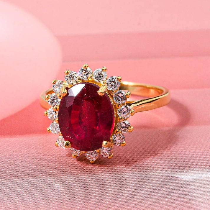 LUXURIANT 4.9 Ct. Natural African Ruby, Lab Grown Diamond Halo Ring in 18K Vermeil Yellow Gold Plated Sterling Silver 8306135 2
