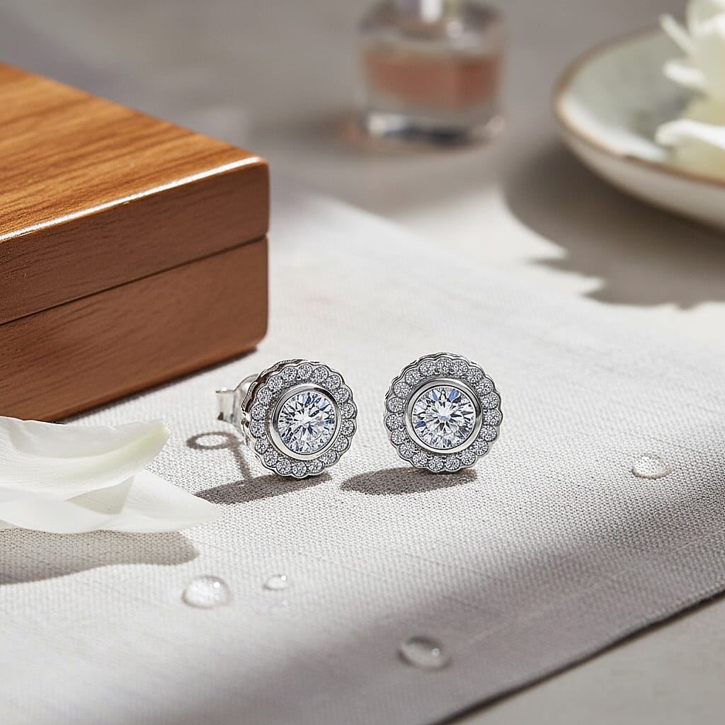 LUXURIANT 1.25 Ct. Lab Grown Diamond Halo Earrings in Rhodium Overlay Sterling Silver 8314530 1