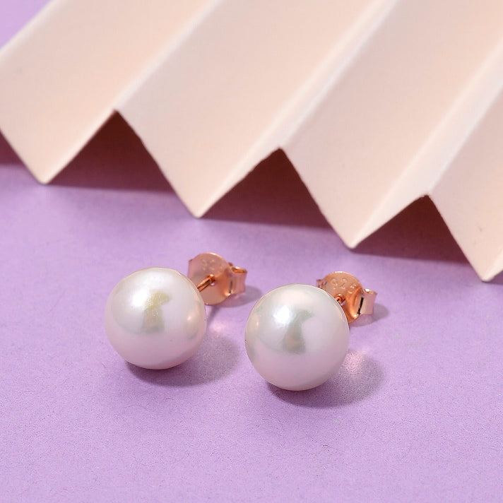 Premium White Edison Pearl (10MM) Earrings with Push Back in Rose Gold Overlay Sterling Silver 8315802 2