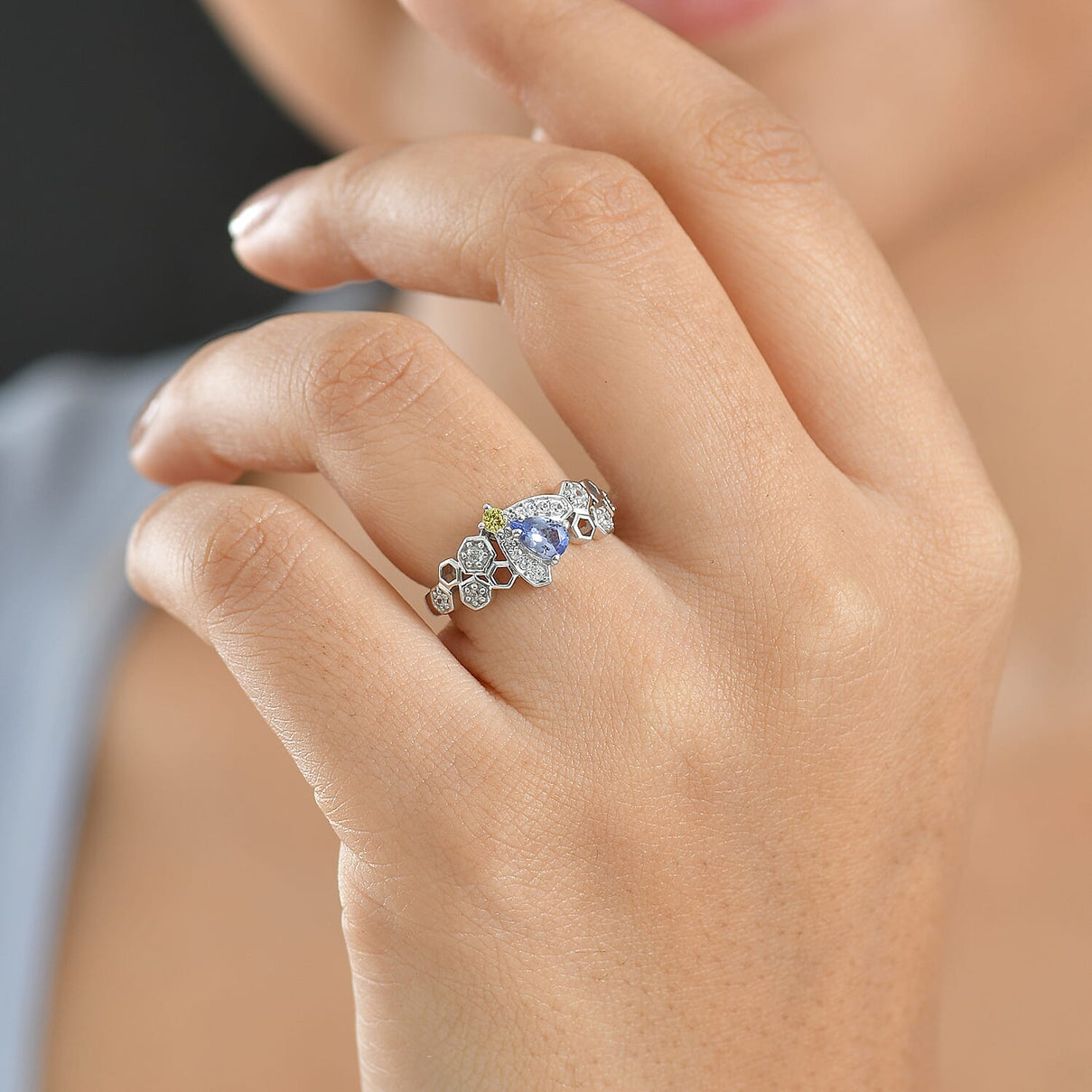 GP Honeycomb Collection - Tanzanite, Blue Sapphire, Yellow Sapphire &amp; White Zircon Living Creature Ring in Rhodium Overlay Sterling Silver 8320939 3