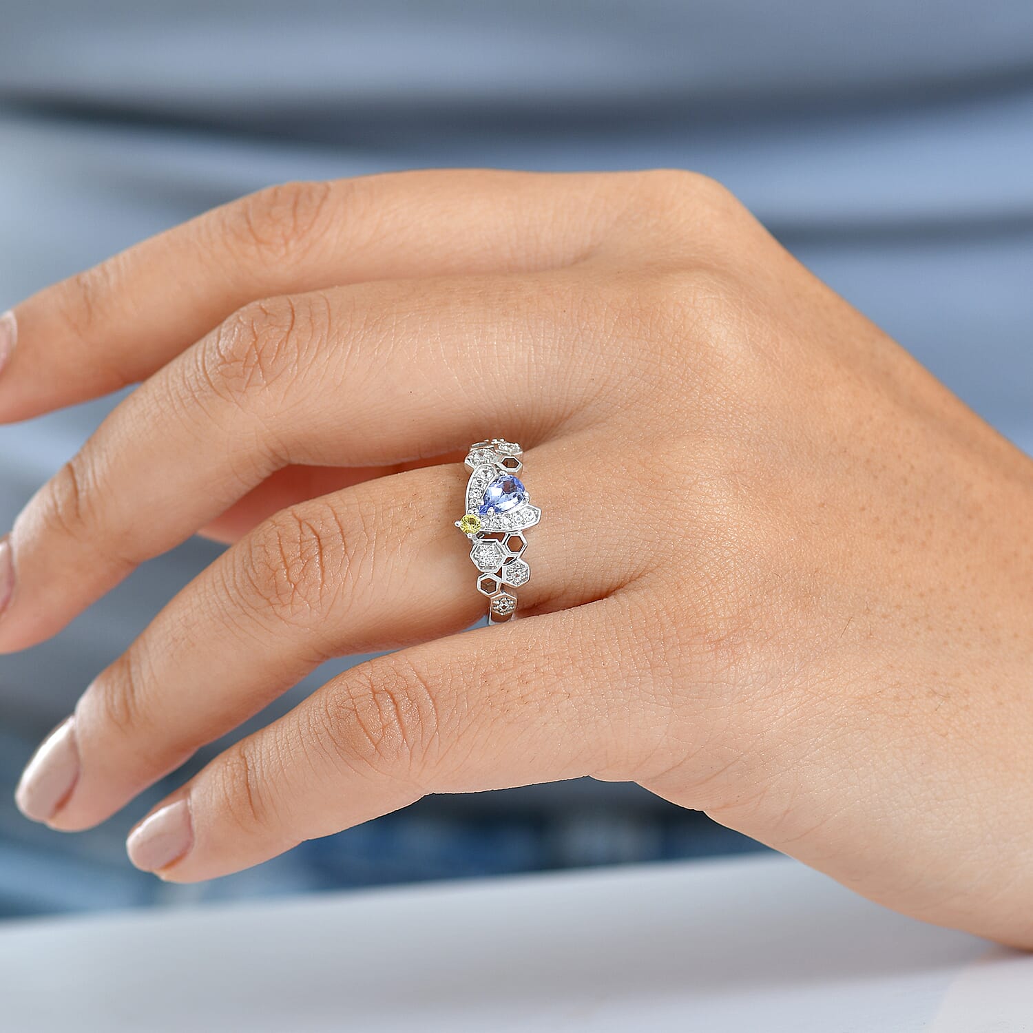 GP Honeycomb Collection - Tanzanite, Blue Sapphire, Yellow Sapphire &amp; White Zircon Living Creature Ring in Rhodium Overlay Sterling Silver 8320939 4