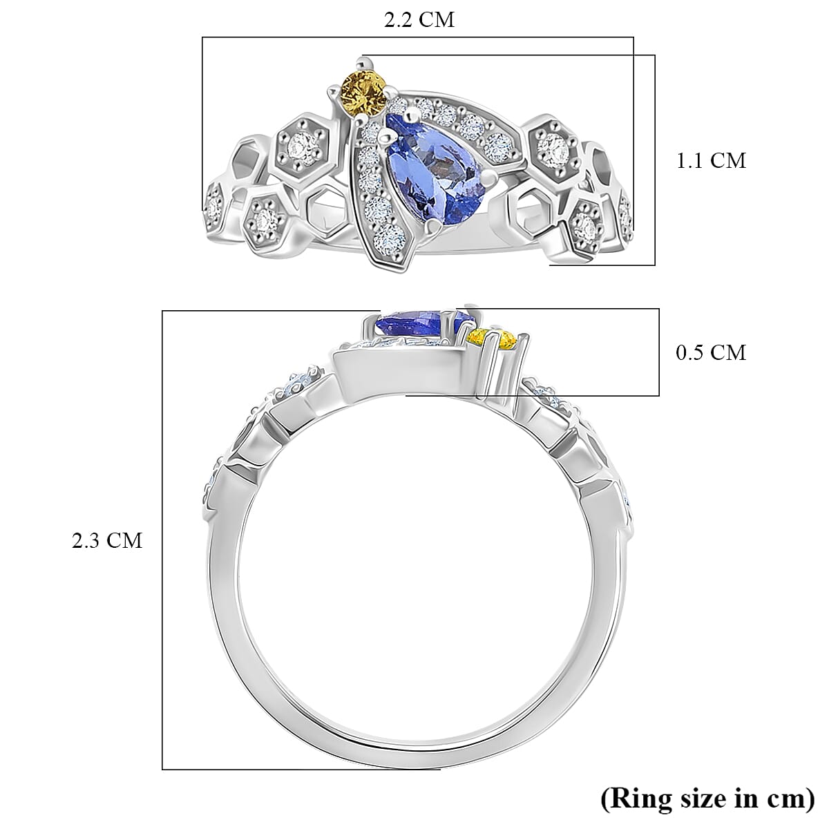 GP Honeycomb Collection - Tanzanite, Blue Sapphire, Yellow Sapphire &amp; White Zircon Living Creature Ring in Rhodium Overlay Sterling Silver 8320939 7