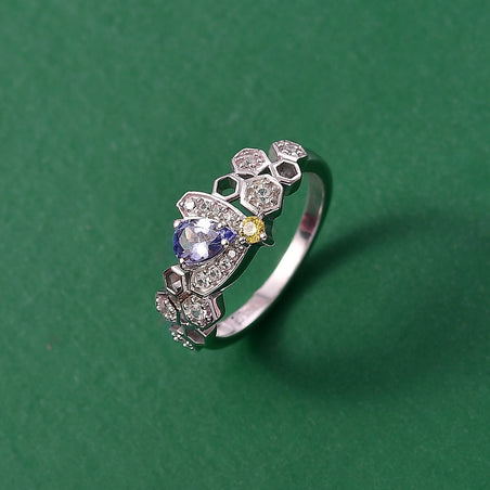GP Honeycomb Collection - Tanzanite, Blue Sapphire, Yellow Sapphire &amp; White Zircon Living Creature Ring in Rhodium Overlay Sterling Silver 8320940 2