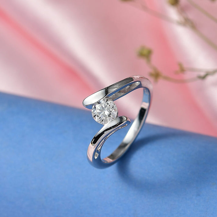 Moissanite Bypass Ring in Rhodium Overlay Sterling Silver 8323510 2