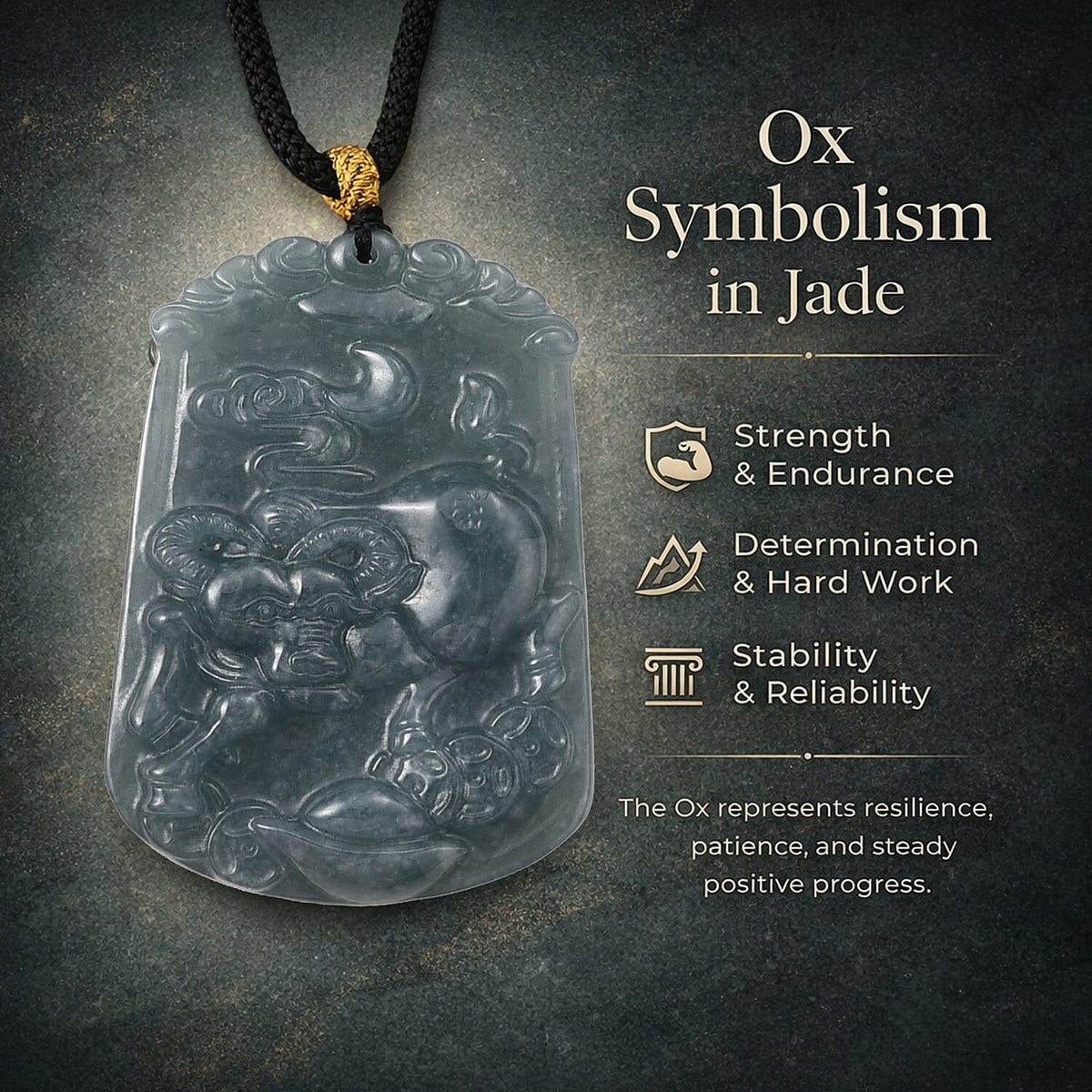 Natural Type A Jadeite Jade Stone Zodiac Ox Necklace with Cotton Thread (Size 26 Adjustable) 60.00 Ct. V32569183 2