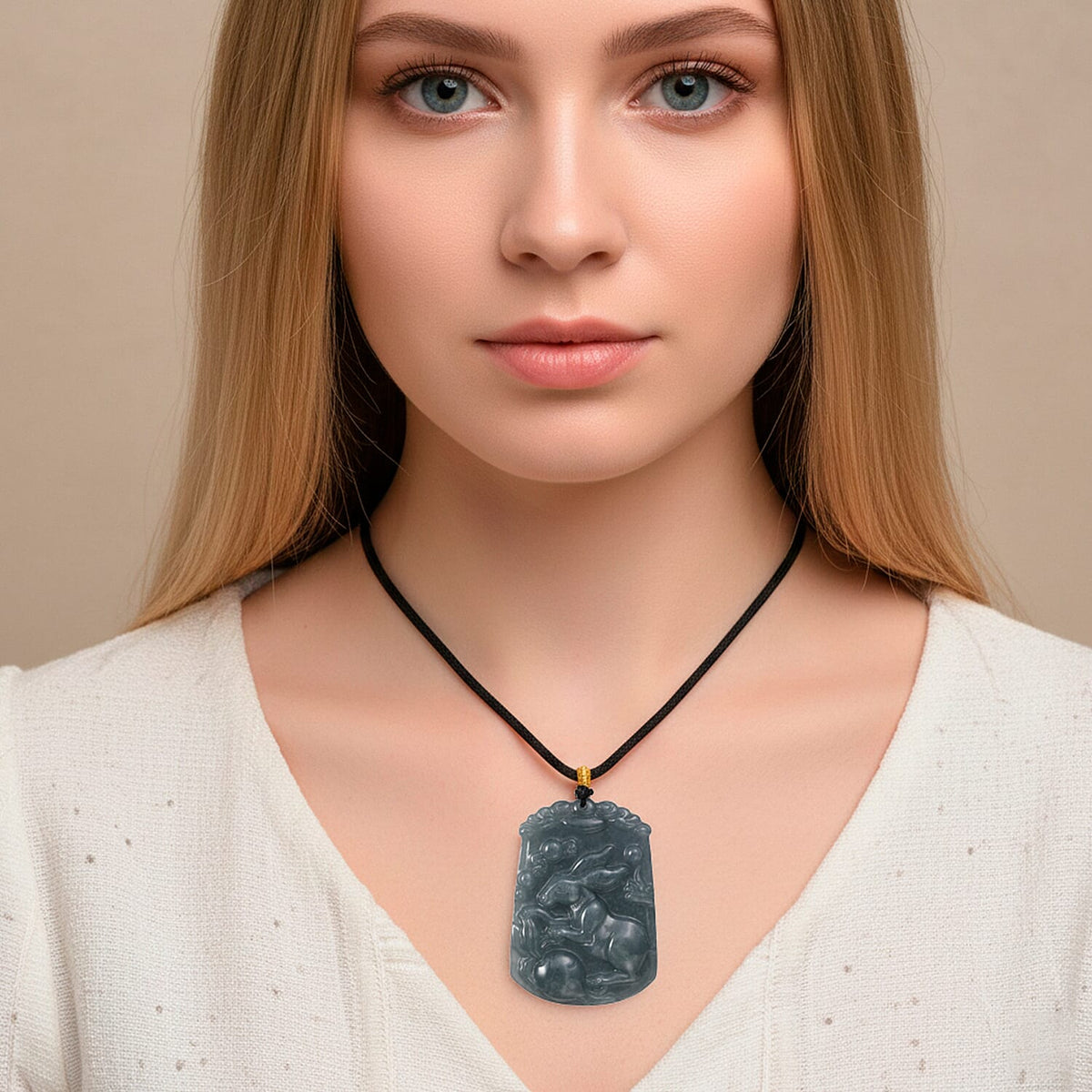 Natural Type A Jadeite Jade Stone Zodiac Rabbit Necklace with Cotton Thread (Size 26 Adjustable) 60.00 Ct. V32567072 3