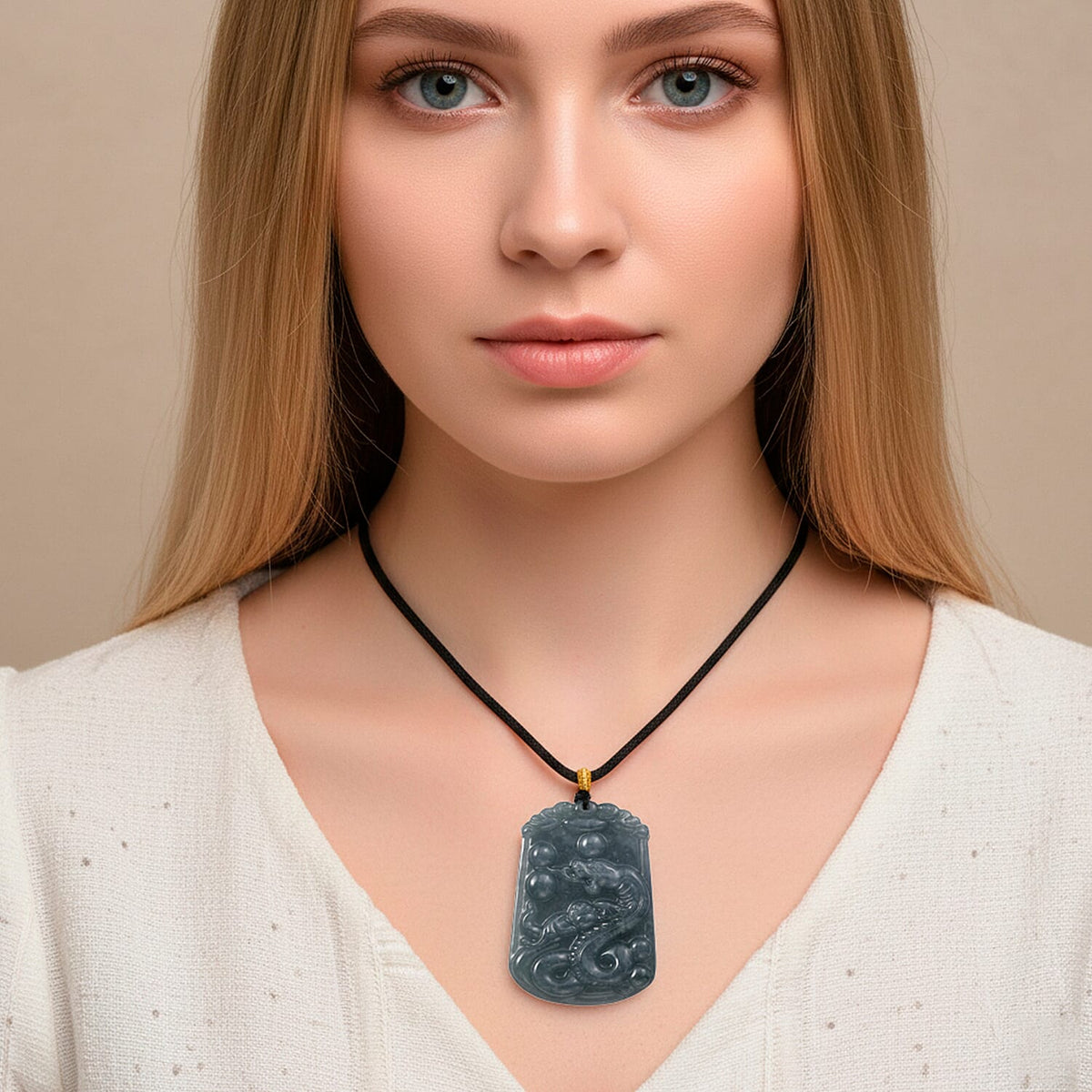 Natural Type A Jadeite Jade Stone Zodiac Snake Necklace with Cotton Thread (Size 26 Adjustable) 60.00 Ct. V32566554 3