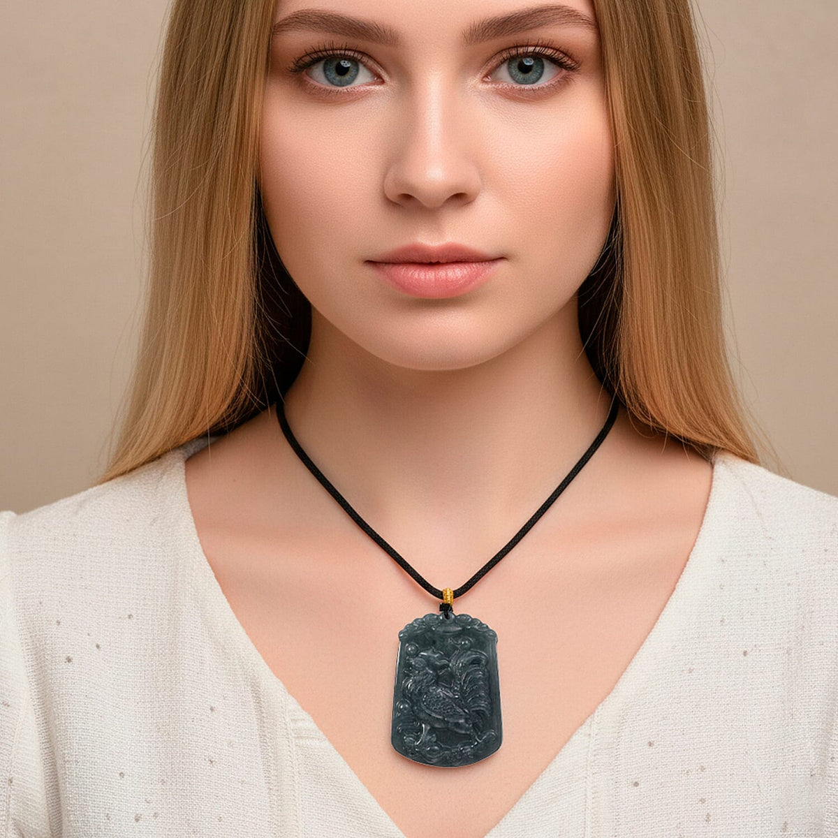 Natural Type A Jadeite Jade Stone Zodiac Rooster Necklace with Cotton Thread (Size 26 Adjustable) 60.00 Ct. V32636135 3